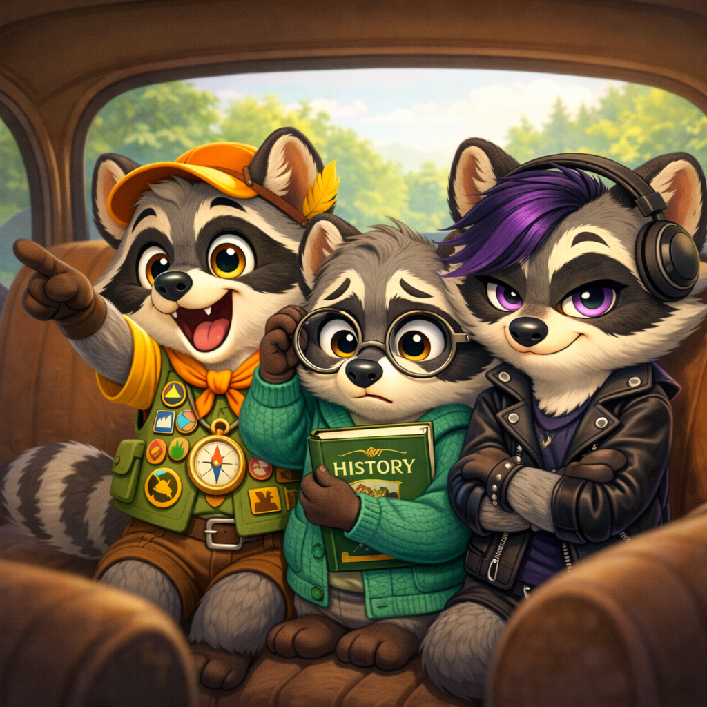 Scout, Skates, and Macey in the backseat